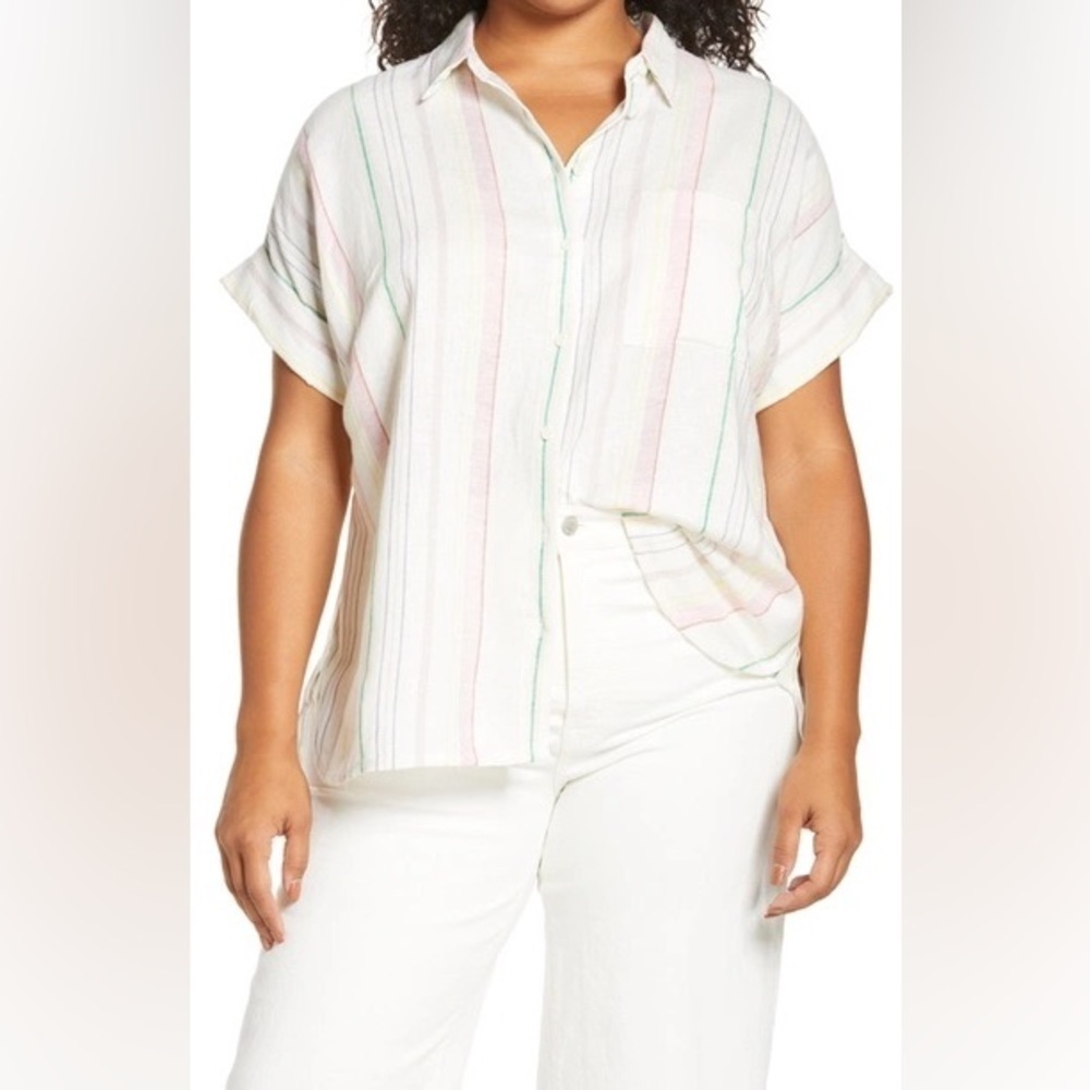 Madewell Linen Blend Rainbow Stripes Button Up Shirt 2X